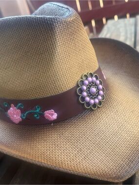 Women's Brown Straw Cowboy Hat with Pink Floral Band